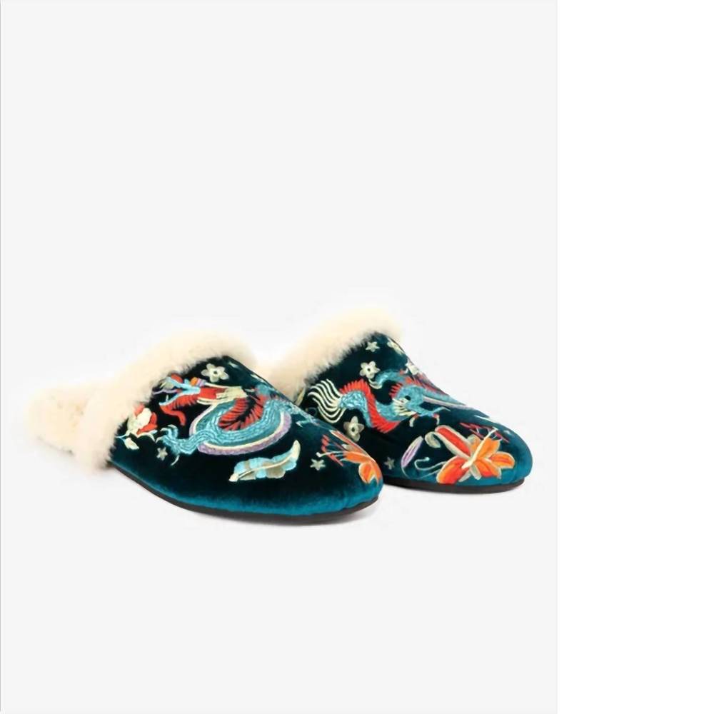 Johnny Was Teal Embroidered Women's Slippers